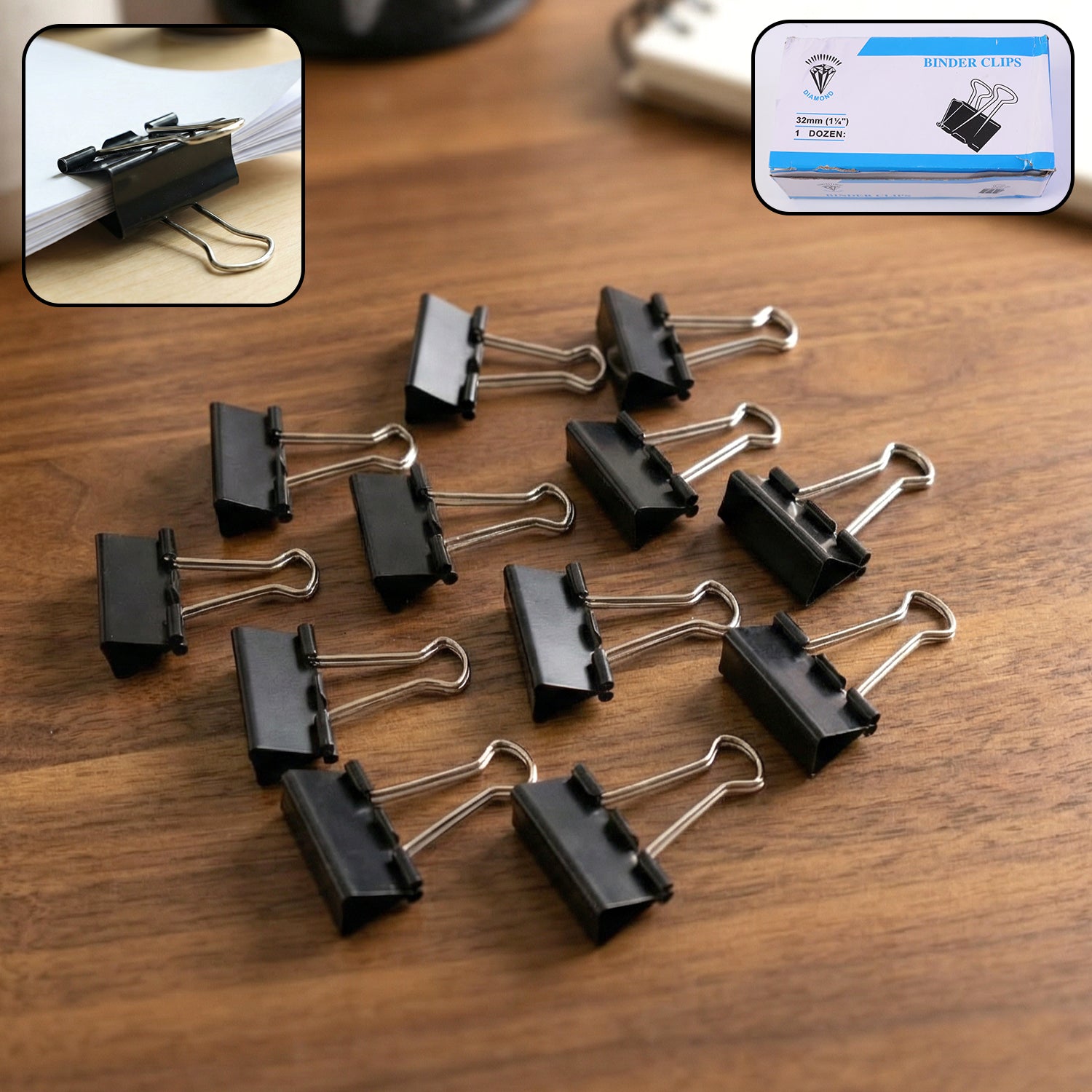 Medium Size Heavy-duty Black Binder Clips Set (32 Mm 12 Pc)