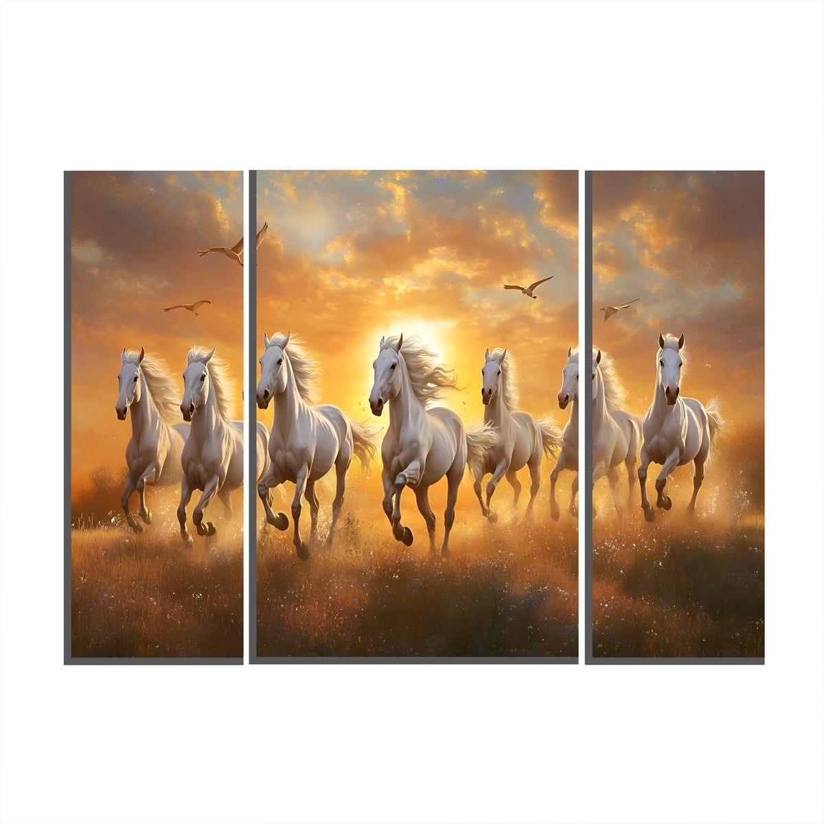Horses Sunset 3 Panel Mdf Wall Frame Wall Art Painting 16.5x12in (1 Pc)