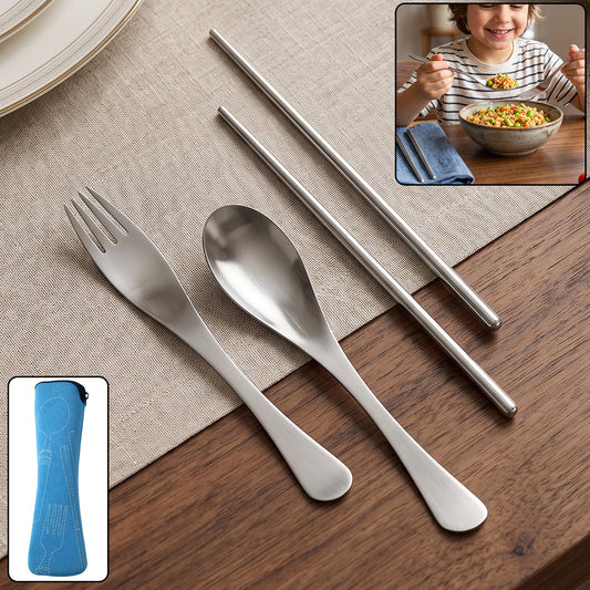 4-in-1 Portable Cutlery Set With Pouch Steel Spoon Fork And Chopsticks (1 Set)