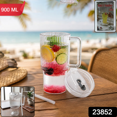 Kids Tumbler 900ml With Handle Lid And Straw Ribbed Water Sipper Cup (1 Pc)
