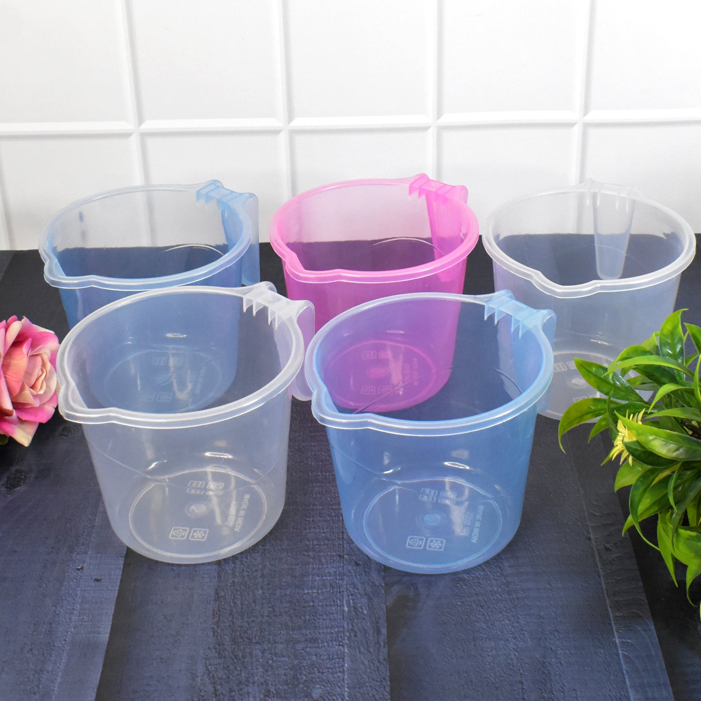Plastic Round Transparent Bath Water Mug (5 Pc  Mix Colour  1200 Ml)