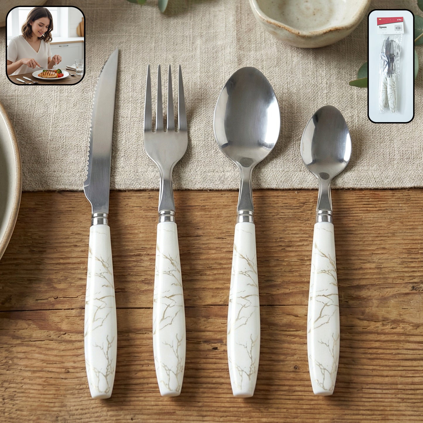 Stainless Steel Cutlery Set With Marble Design Handle (4 Pc  Set)