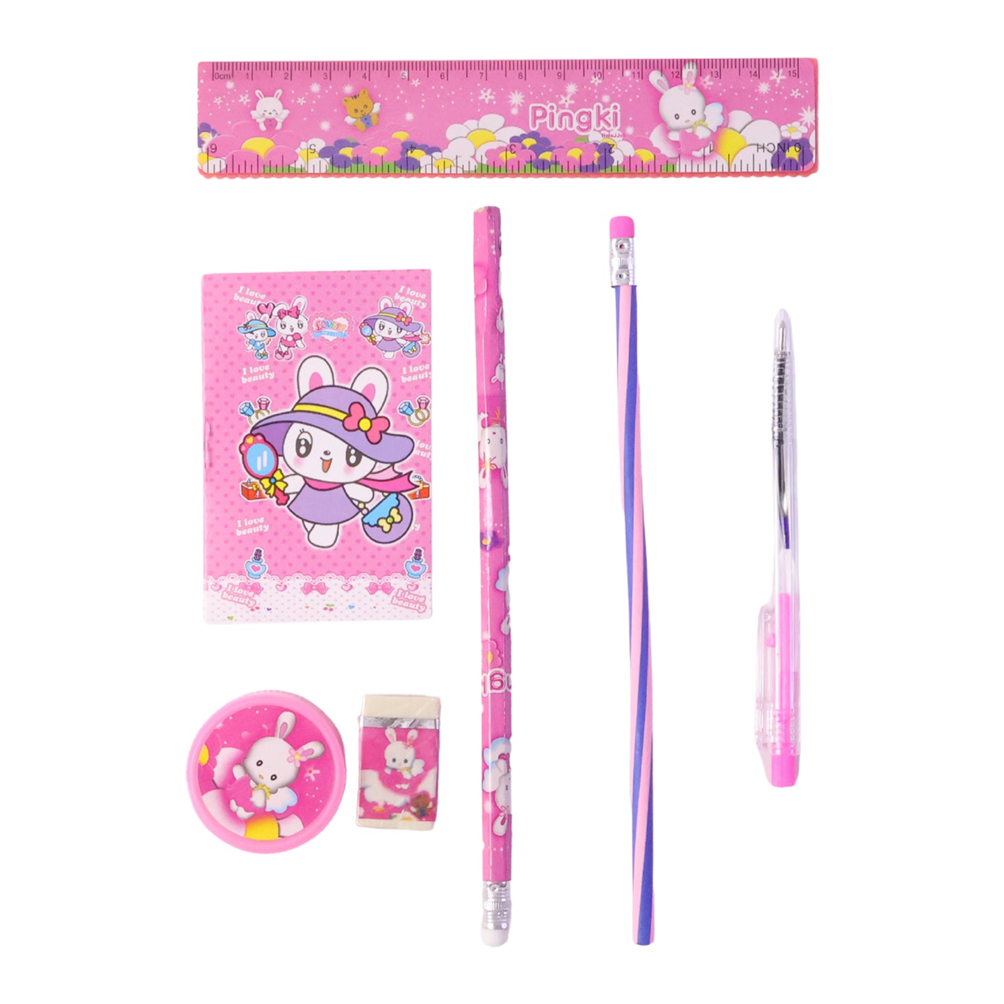 7-in-1 Cute Pink Stationery Set With Ruler Pencil Eraser Pen Notebook Sharpener