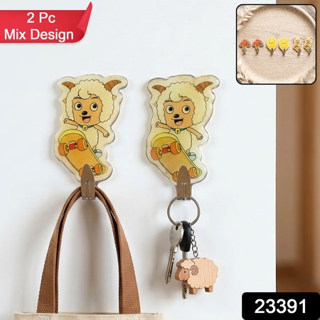 Cartoon Self Adhesive Wall Hooks For Keys Bags Towels And Home Decor (2 Pc Set)