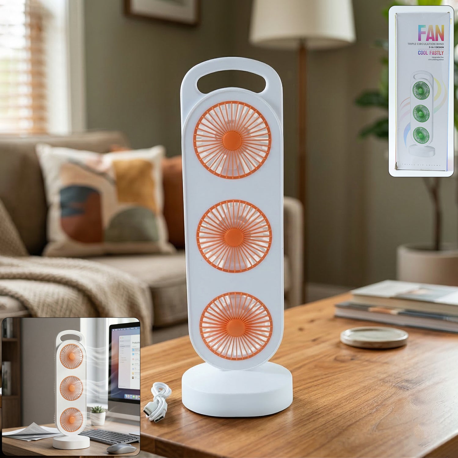 Portable 3 In 1 Design Triple Head Table Fan (1 Pc)
