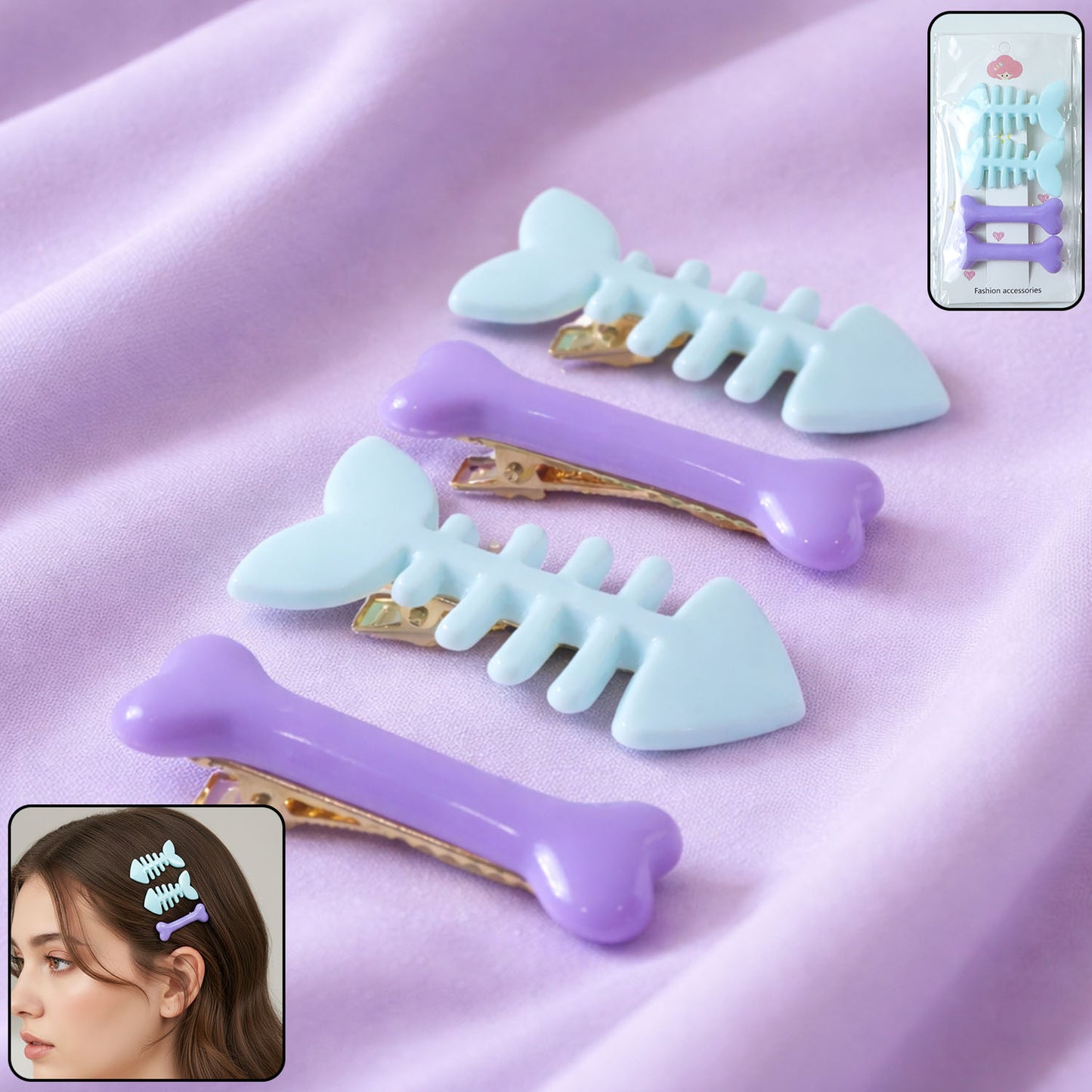 Cute Fishbone  Bone Shape Hair Clip Set (4 Pc)