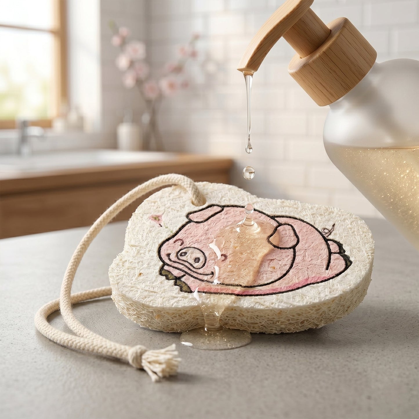 Cartoon Printed Bath Scrubber Sponge with Hanging Rope (1 Pc)