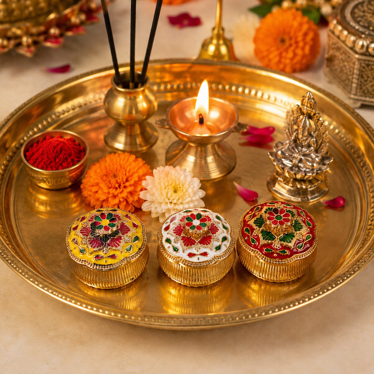 Mix Design Decorative Kankavati With Lid For Kumkum And Pooja Essentials (1 Pc)