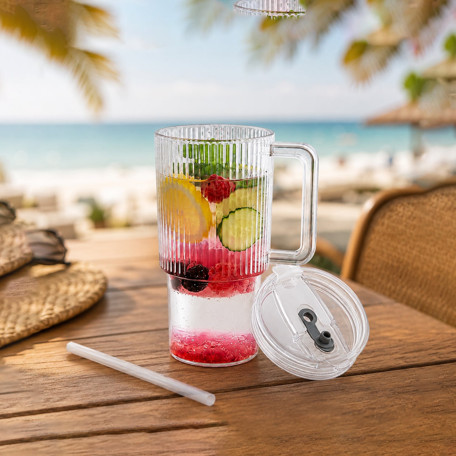 Kids Tumbler 900ml With Handle Lid And Straw Ribbed Water Sipper Cup (1 Pc)