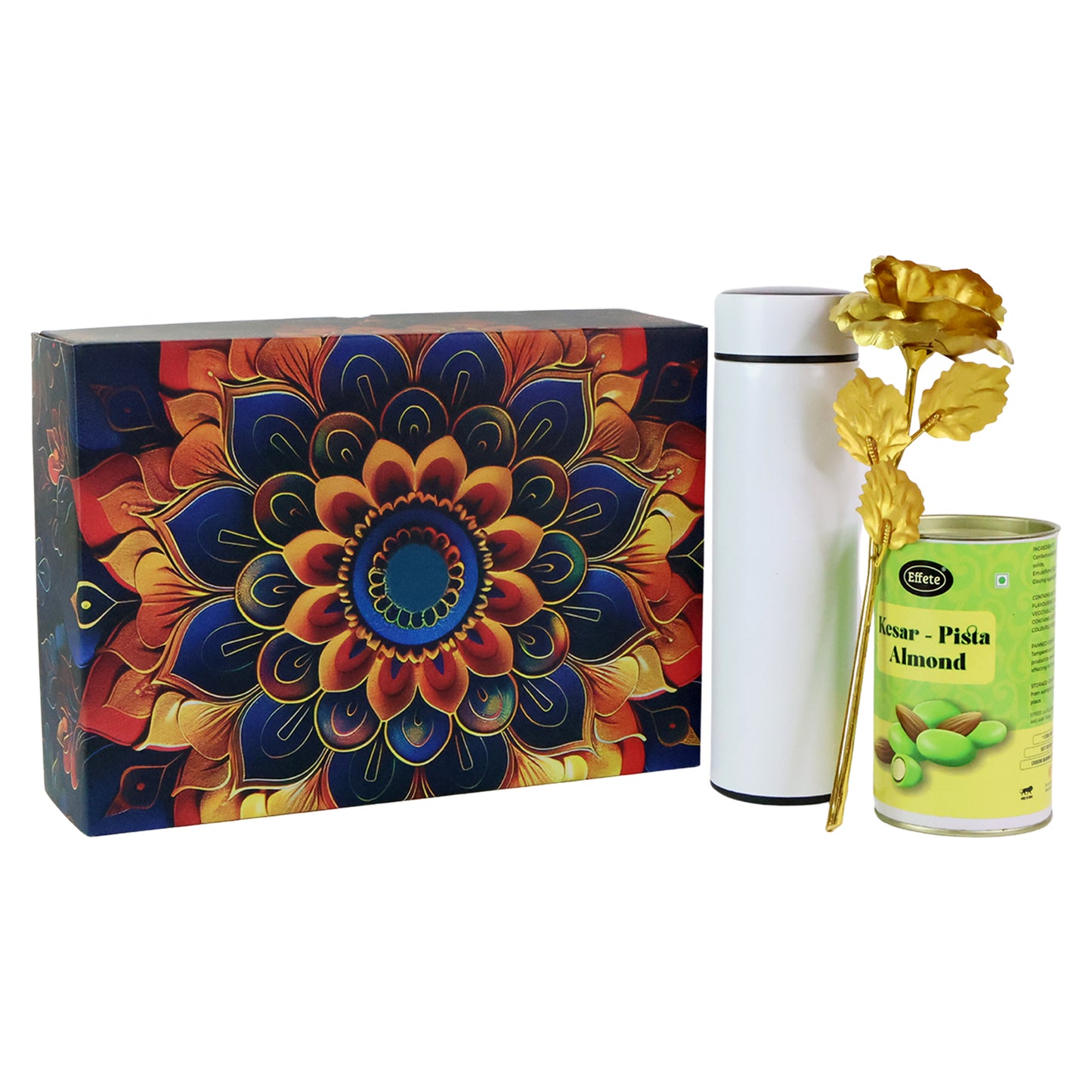 Effete Kesar Pista Almonds Gift Hamper Golden Rose With Bottle (3 Pc Set)