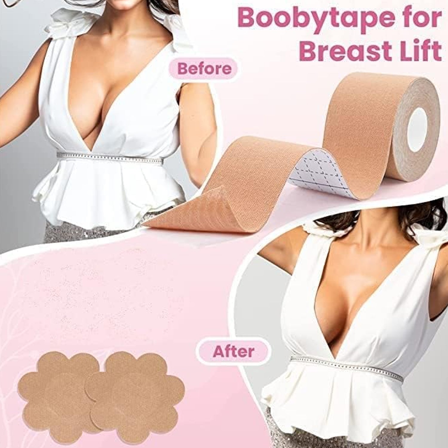6596 Boob Tape With 10 Pairs Nipple Cover Cotton Wide Thin Breast Tape - Womens  Girls Breast Lift Booby Tape - Push Up  Lifting Tape - Suitable For All Breast Types - Breast Lift Bra Tape - Bob Tape For Natural Breast Lift (1 Pc 5 Meters)
