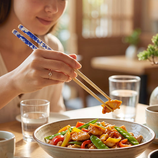 Reusable Bamboo Chopsticks With Blue Chinese Print Design (2 Pc)
