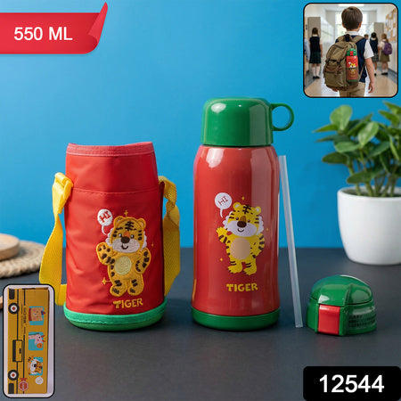 550 Ml Kids Cartoon Printed Water Bottle With Straw And Carry Sling Bag