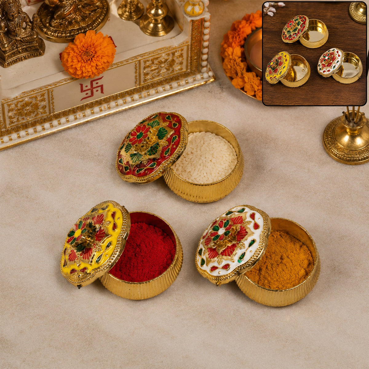 Mix Design Decorative Kankavati With Lid For Kumkum And Pooja Essentials (1 Pc)