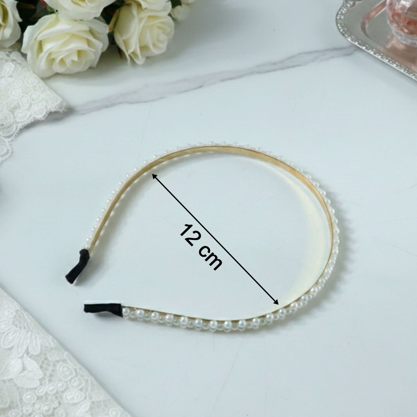 Elegant Pearl Beaded Slim Golden Metal Hair Band (1 Pc)